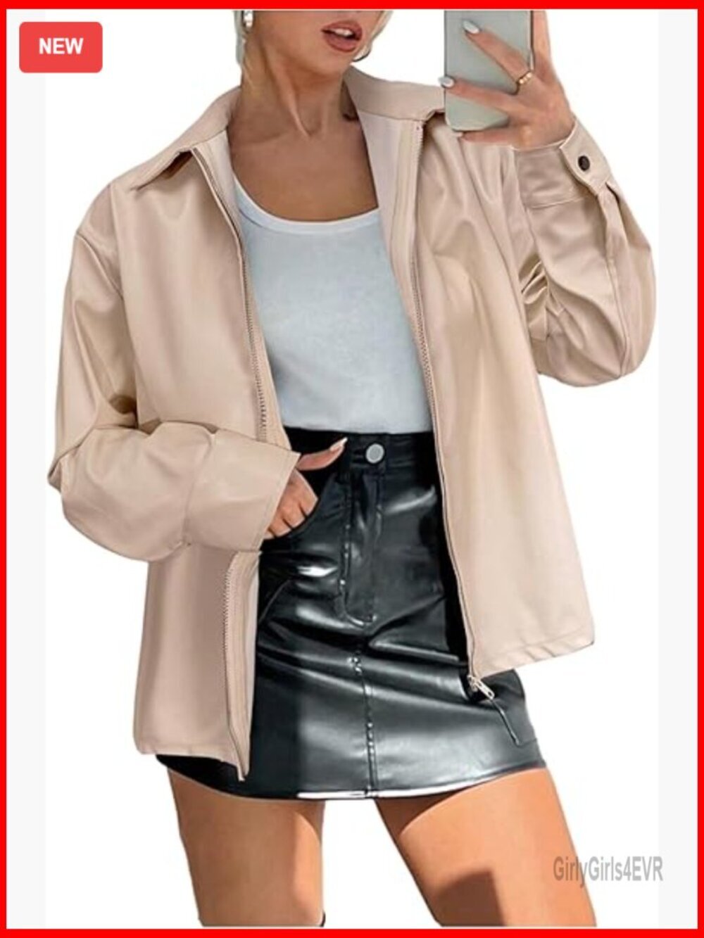 PU Leather Bomber Jacket Zip Up Collared Casual Motorcycle Outerwear